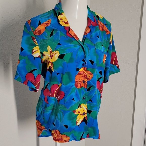 Tan Jay Vintage Button Up Collared Shirt ~ Sz 10 ~ Blue ~ Floral ~ Short Sleeve - Picture 2 of 4